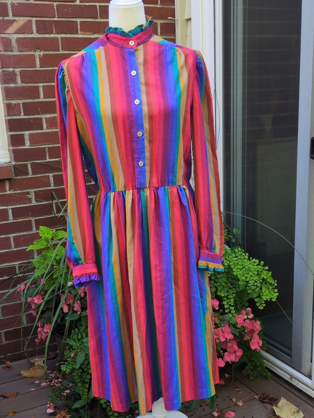 Vintage Autumn Rainbow Stripe Long Sleeve Cotton Dress